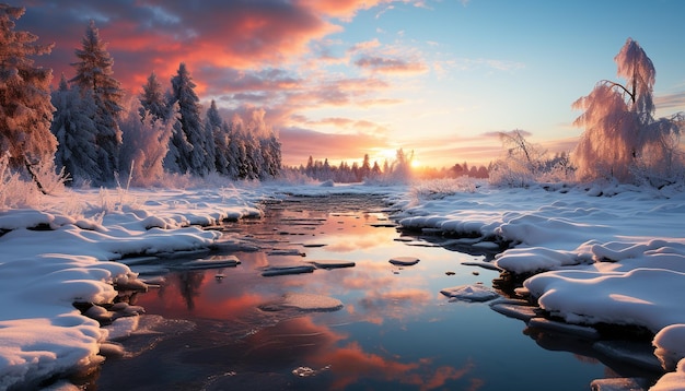 Paesaggio invernale coperto di neve alberi tramonto sull'acqua ghiacciata generata dall'AI