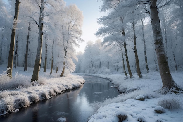 Paesaggio invernale di foresta e ghiaccio con alberi coperti di neve