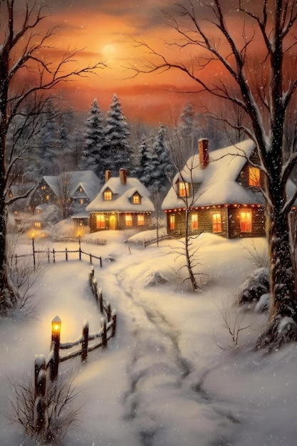 Paesaggio invernale innevato con luci natalizie create con ai generativa