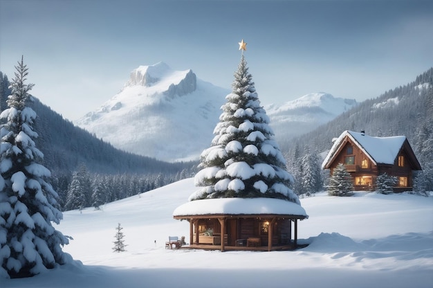 Paesaggio invernale natalizio di tempo freddo e gelo albero di Natale