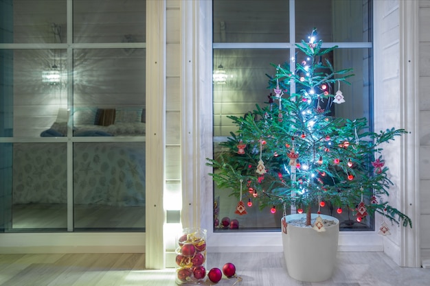 Paesaggio invernale nella finestra bianca. Casa e giardino concetto di Capodanno.