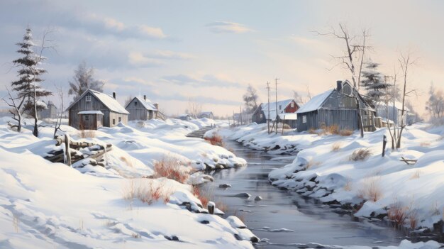 Paesaggio invernale nella provincia del Quebec Un ruscello fotorealistico che scorre attraverso l'America rurale