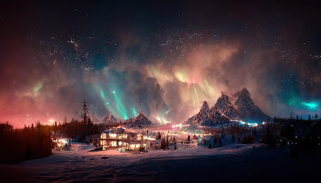 Paesaggio invernale notturno in montagna con case sotto un cielo luminoso con aurora boreale
