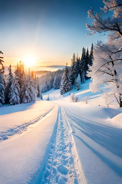 Paesaggio invernale panoramico innevato con strada sullo sfondo della foresta