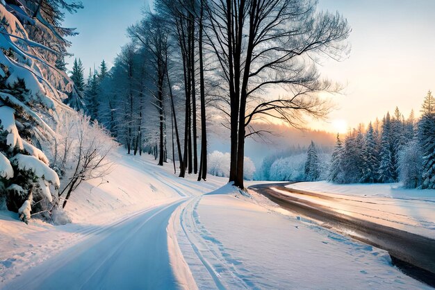 Paesaggio invernale panoramico innevato con strada sullo sfondo della foresta