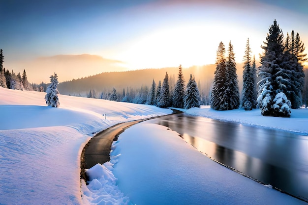 Paesaggio invernale panoramico innevato con strada sullo sfondo della foresta