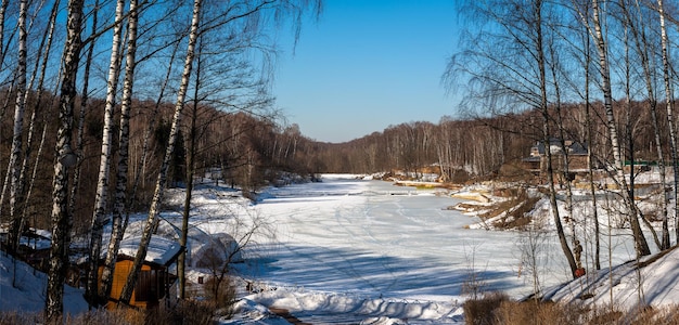 Paesaggio invernale sotto la neve fresca caduta in una limpida giornata mattutina Sfondo invernale di neve e gelo con spazio per la copia