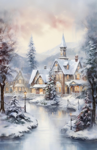 Paesaggio invernale Villaggio invernale Pittura ad acquerello Illustrazione