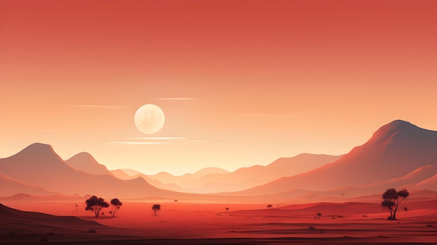 Paesaggio luminoso del tramonto con dune del deserto paesaggio con alberi di sabbia e cielo sfondo astratto minimo IA generativa