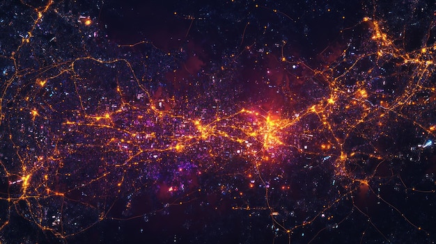 Paesaggio luminoso della città notturna Una vista aerea dell'illuminazione urbana