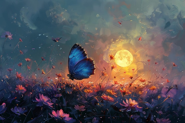 Paesaggio lunare con una farfalla solitaria su un prato in fiore