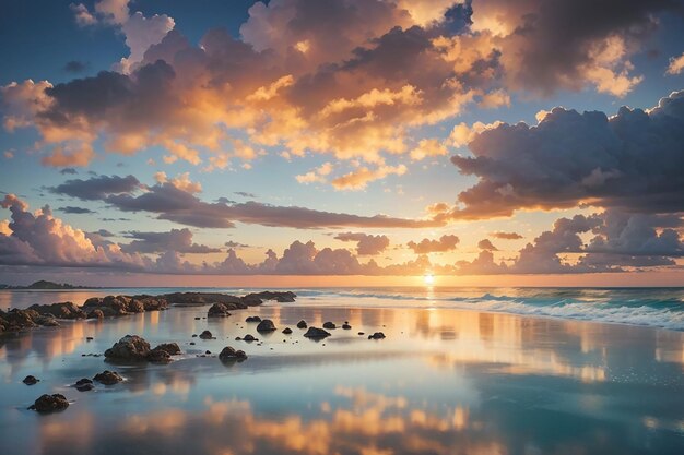 Paesaggio lunga esposizione di maestose nuvole nel cielo tramonto o alba sopra il mare con riflesso nel mare tropicale bellissimo paesaggio marino luce sorprendente della natura tramonto