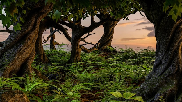 Paesaggio maestoso Giungla della foresta tropicale contro il cielo al tramonto con le nuvole