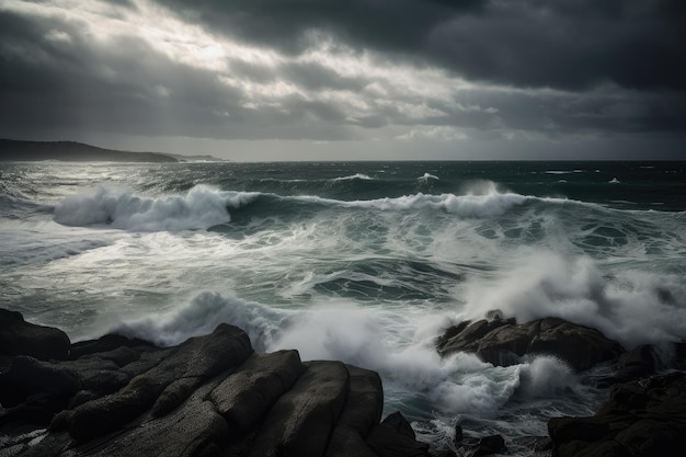 Paesaggio marino con drammatici cieli tempestosi e onde che si infrangono, creato con l'IA generativa