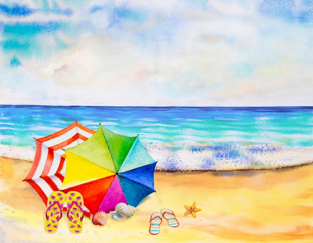 Paesaggio marino dell'acquerello dipinto colorato della spiaggia del mare