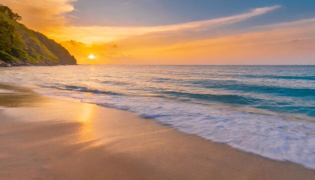 Paesaggio marino di spiaggia tropicale tramonto arancione dorato rumore calmo delle onde marine