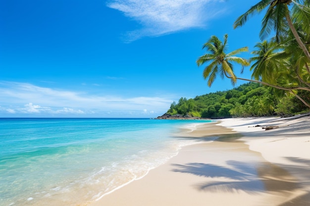 Paesaggio marino di una bellissima spiaggia tropicale con palme all'alba