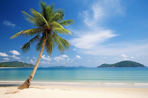 Paesaggio marino di una bellissima spiaggia tropicale con palme all'alba