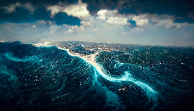 Paesaggio marino fantasy con bellissime onde e schiuma Schiuma sulle onde dell'acqua Vista dall'alto delle onde dell'oceano Illustrazione 3D dello sfondo dell'acqua della colomba