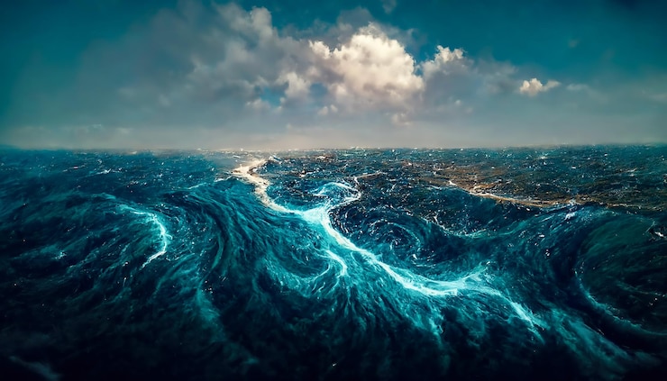 Foto paesaggio marino fantasy con bellissime onde e schiuma schiuma sulle onde dell'acqua vista dall'alto delle onde dell'oceano illustrazione 3d dello sfondo dell'acqua della colomba