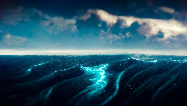 Paesaggio marino fantasy con bellissime onde e schiuma Schiuma sulle onde dell'acqua Vista dall'alto delle onde dell'oceano Illustrazione 3D dello sfondo dell'acqua della colomba