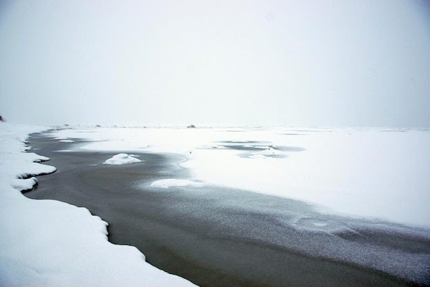 Paesaggio marino invernale con radure in acqua ghiacciata.