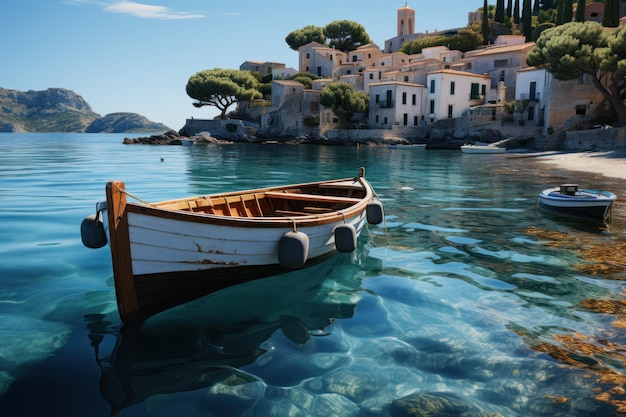 Paesaggio marino mediterraneo con architettura tradizionale e una barca in acque cristalline blu