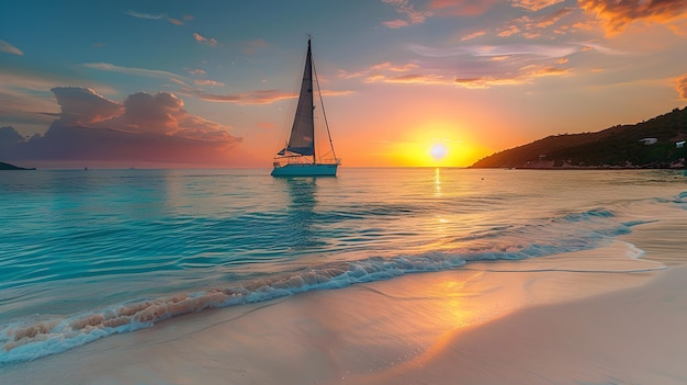 Paesaggio marino sereno con una barca a vela al tramonto Oceano calmo con cielo bellissimo Ideale per i viaggi e il turismo Scena idilliaca delle vacanze estive AI