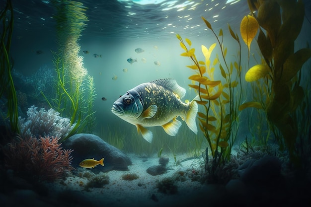 Paesaggio marino sottomarino con pesci, coralli, piante marine. Arte generativa dell'IA. Fauna acquatica