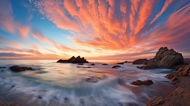 Paesaggio marino tranquillo al tramonto con la tempesta trasformata in una lontana formazione di nuvole a spirale drammatica ma calma