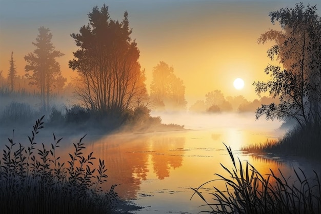 Paesaggio mattutino con alberi e foschia sul fiume sullo sfondo del sole nascente
