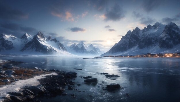 Paesaggio mattutino invernale con montagne, neve e riflesso nell'acqua