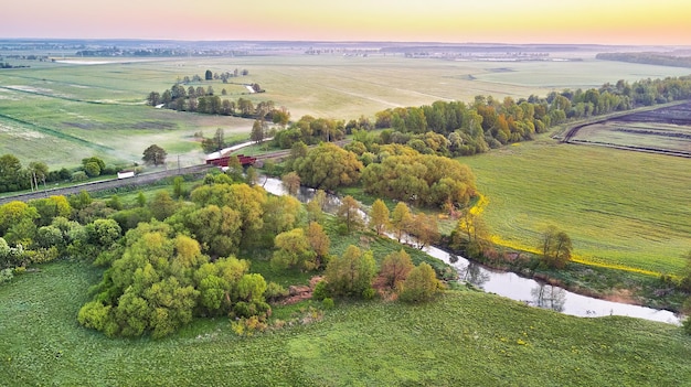 Paesaggio mattutino primaverile Ponte ferroviario che attraversa un fiume calmo in prati fioriti Veduta aerea rurale dall'alto Campi agricoli di colza verde giallo Scena di fiori di tarassaco