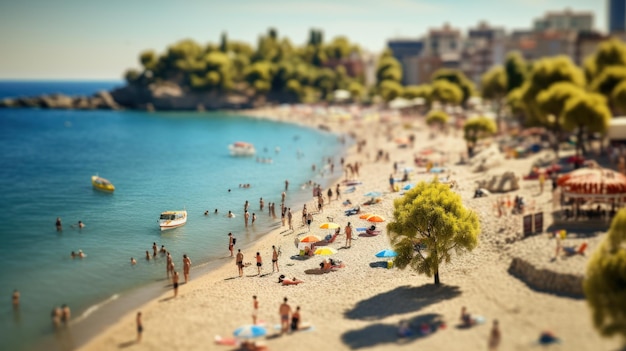 Paesaggio mediterraneo spiaggia estiva persone in vacanza fotografia tilt shift