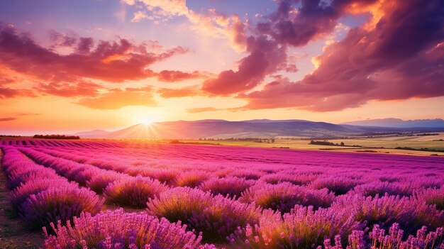 Paesaggio meraviglioso paesaggio estivo sorprendente di fiori di lavanda in fiore vista pacifica del tramonto