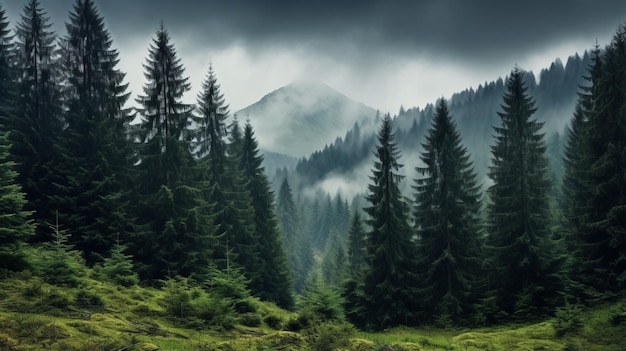 Paesaggio mistico della foresta Montagne nebbiose e hinterland piovoso