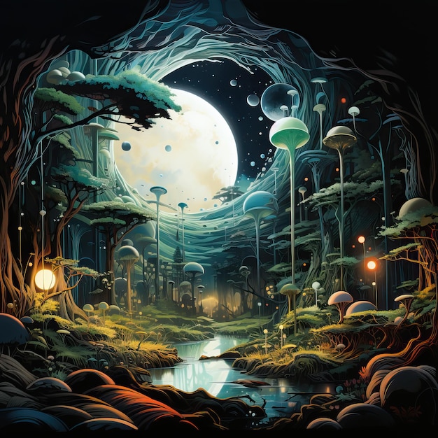 Paesaggio mistico di notte con una grande luna Focus morbido selettivo
