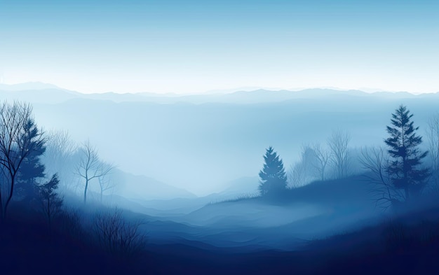 Paesaggio mistico nebbioso con alberi vista montagna e valle