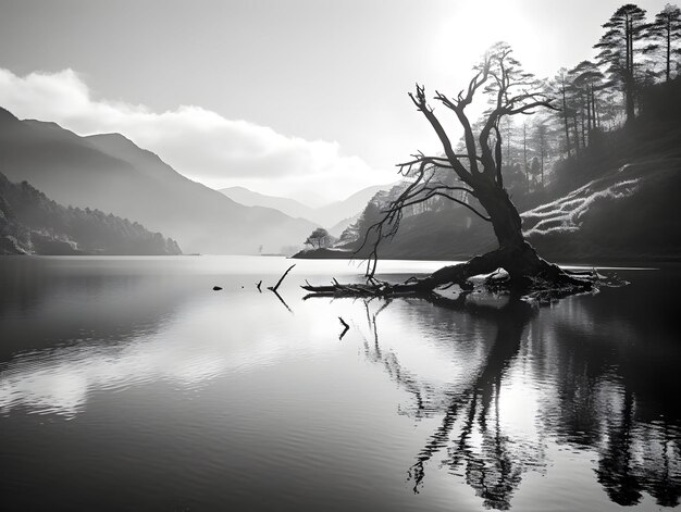 Paesaggio monocromatico del lago di montagna