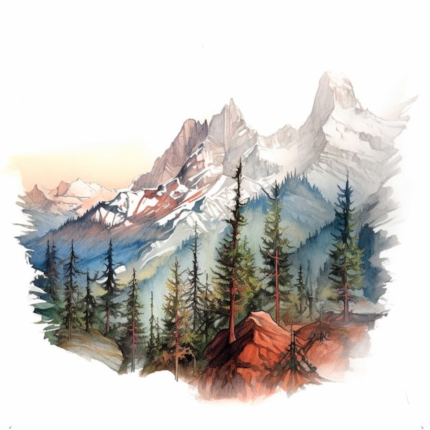 Paesaggio montano acquerello con foresta di conifere Illustrazione disegnata a mano