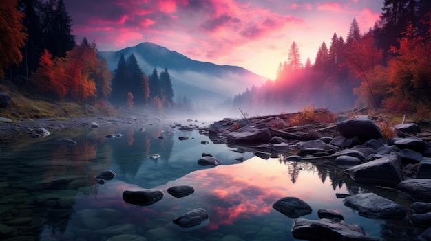 paesaggio montano autunnale foresta nebbiosa e fiume