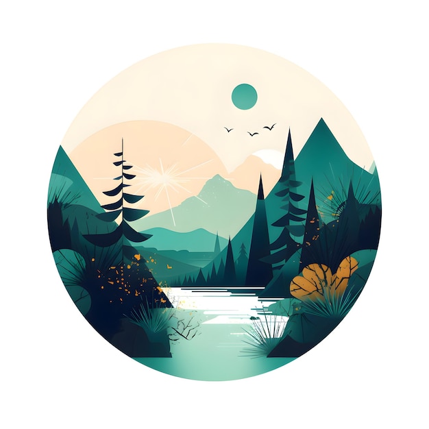 Paesaggio montano con lago e foresta in stile piatto Illustrazione vettoriale