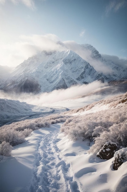 Paesaggio montano con neve e nebbia in inverno