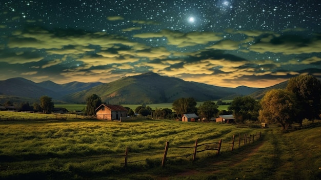 Paesaggio montano con villaggio di notte Cielo drammatico con stelle