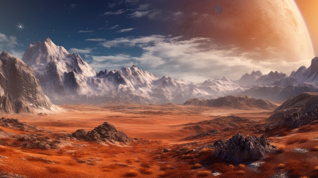 Paesaggio montano fantasy su pianeta alieno cosmico con cielo stellato Pittoresco