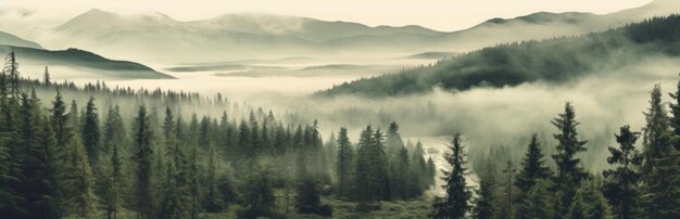 Paesaggio montano nebbioso Paesaggio forestale lunatico con nebbia e foschia IA generativa