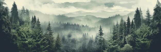 Paesaggio montano nebbioso Paesaggio forestale lunatico con nebbia e foschia IA generativa