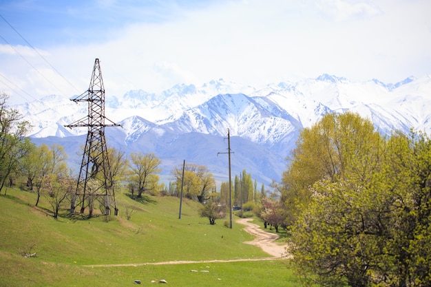 Paesaggio montano primaverile con torre ad alta tensione