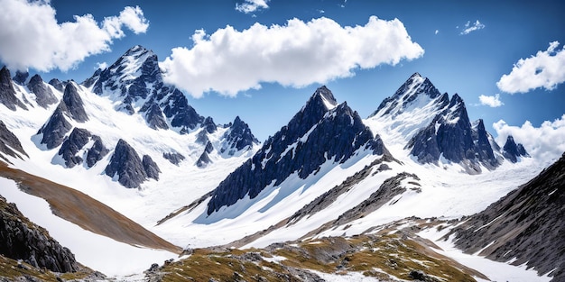 Paesaggio montano trekking Libertà di successo e raggiungimento della felicità in montagna Vista panoramica di montagne innevate alberi e soffici nuvole AI generativa