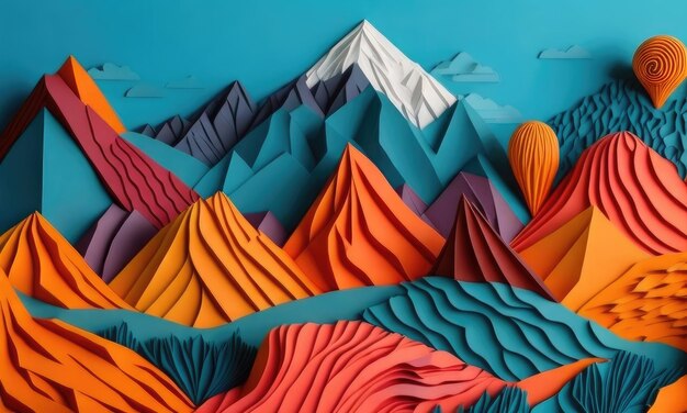 Paesaggio montuoso astratto colorato con campi nell'arcobaleno colore di fiori di carta